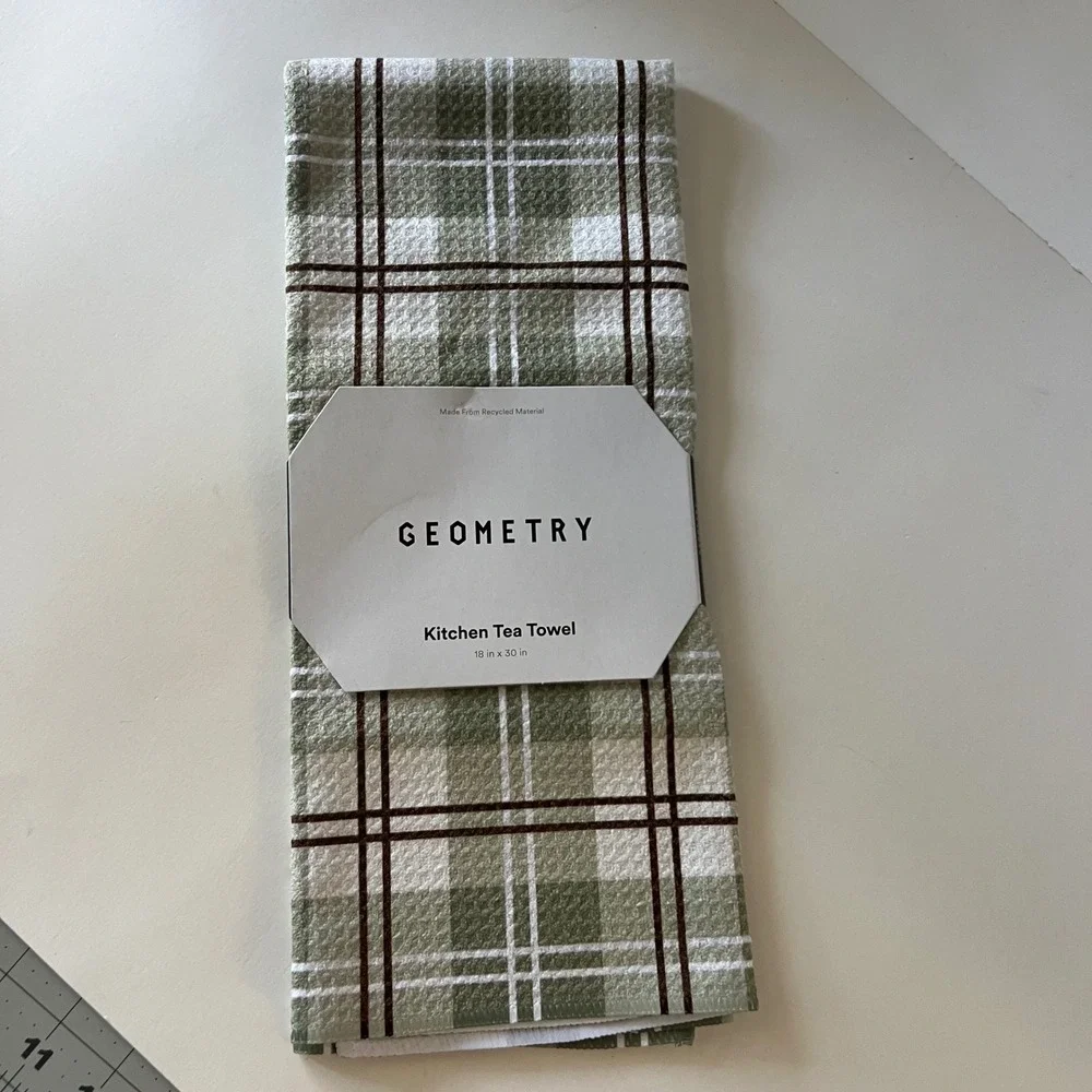 Geometry Kitchen Tea Towel Plaid White Green Brown 18 x 30